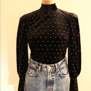 Studded Ballon-Sleeve Velvet Top